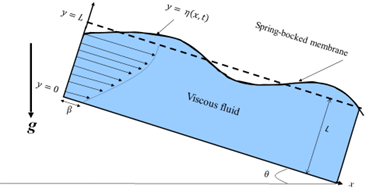 Schematic diagram for a single-layer thin film flow down an inclined slippery wall with a spring-bocked membrane at the free surface