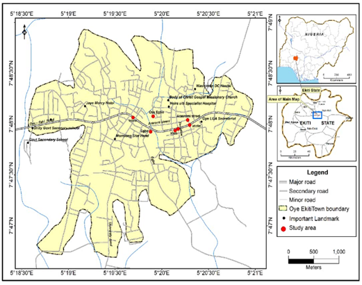 Map of Oye Ekiti Showing the Study Areas