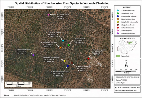 Spatial Distribution of Selected Invasive Plant Species in the Study Area Source: Google Satellite Imagery, 2025