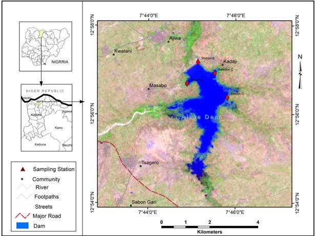 Map of Ajiwa Reservoir showing different sampling stations